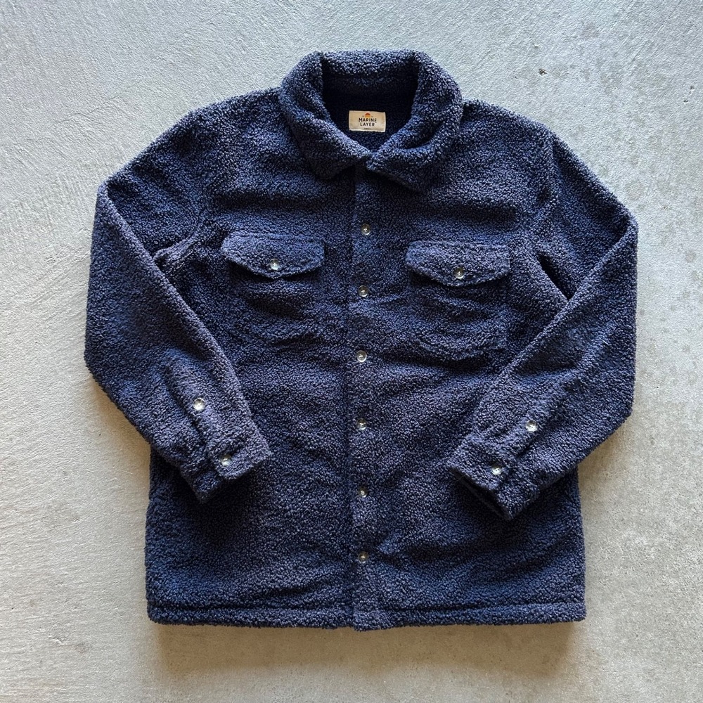 Marine Layer Sherpa Jacket Mens Small Navy Blue Fleece Button Up Overshirt